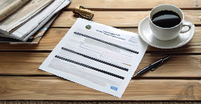 A close-up of a home warranty document with a pen and coffee on a wooden table, highlighting important details.