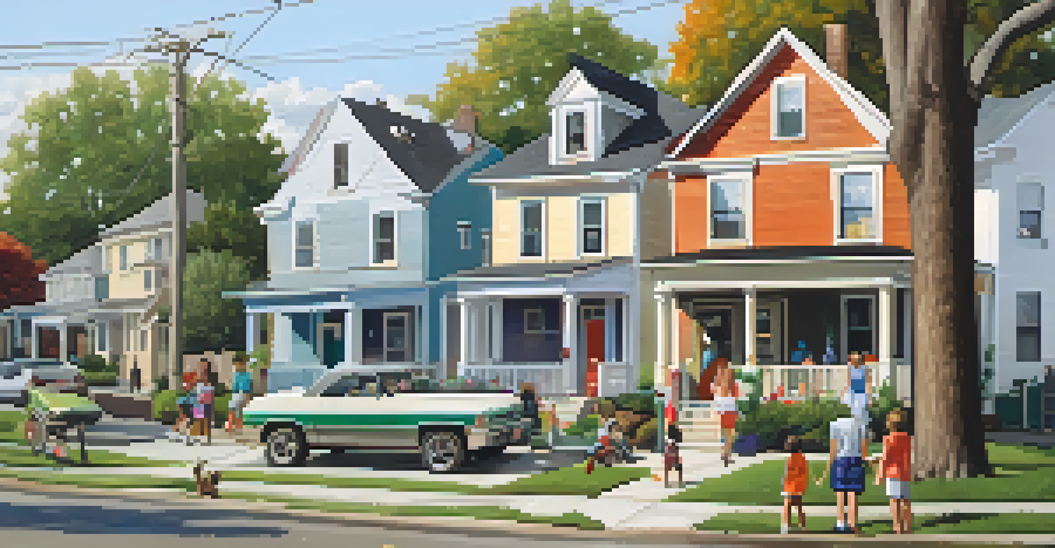 A neighborhood with a mix of distressed homes and beautifully renovated properties, depicting community life.