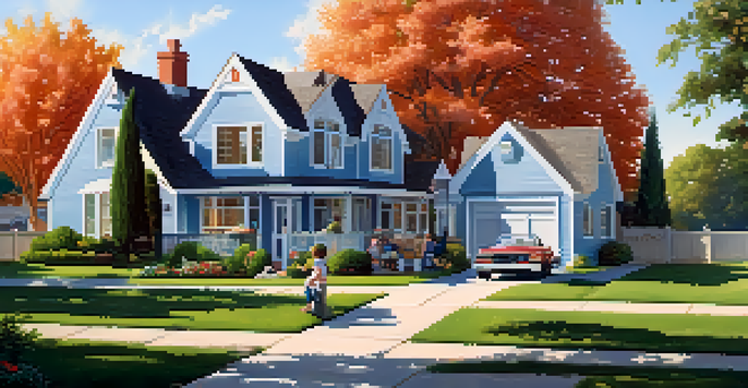 A picturesque suburban home with a garden, where a family is enjoying a barbecue gathering, with children playing and adults socializing.