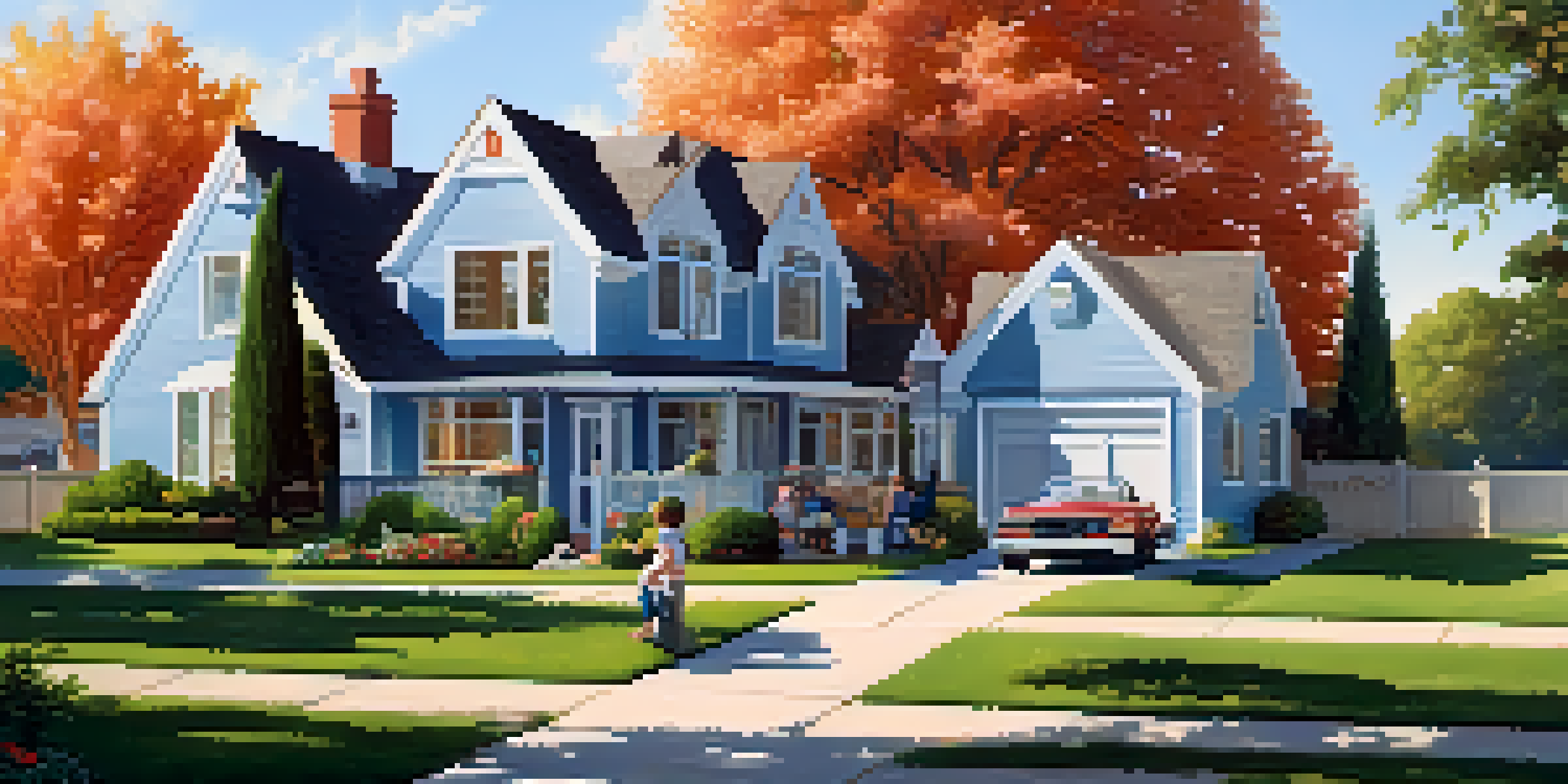 A picturesque suburban home with a garden, where a family is enjoying a barbecue gathering, with children playing and adults socializing.