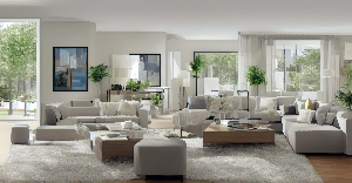 A modern living room demonstrating smart home technology with a thermostat, smart lighting, and security system, filled with sunlight and neutral decor.