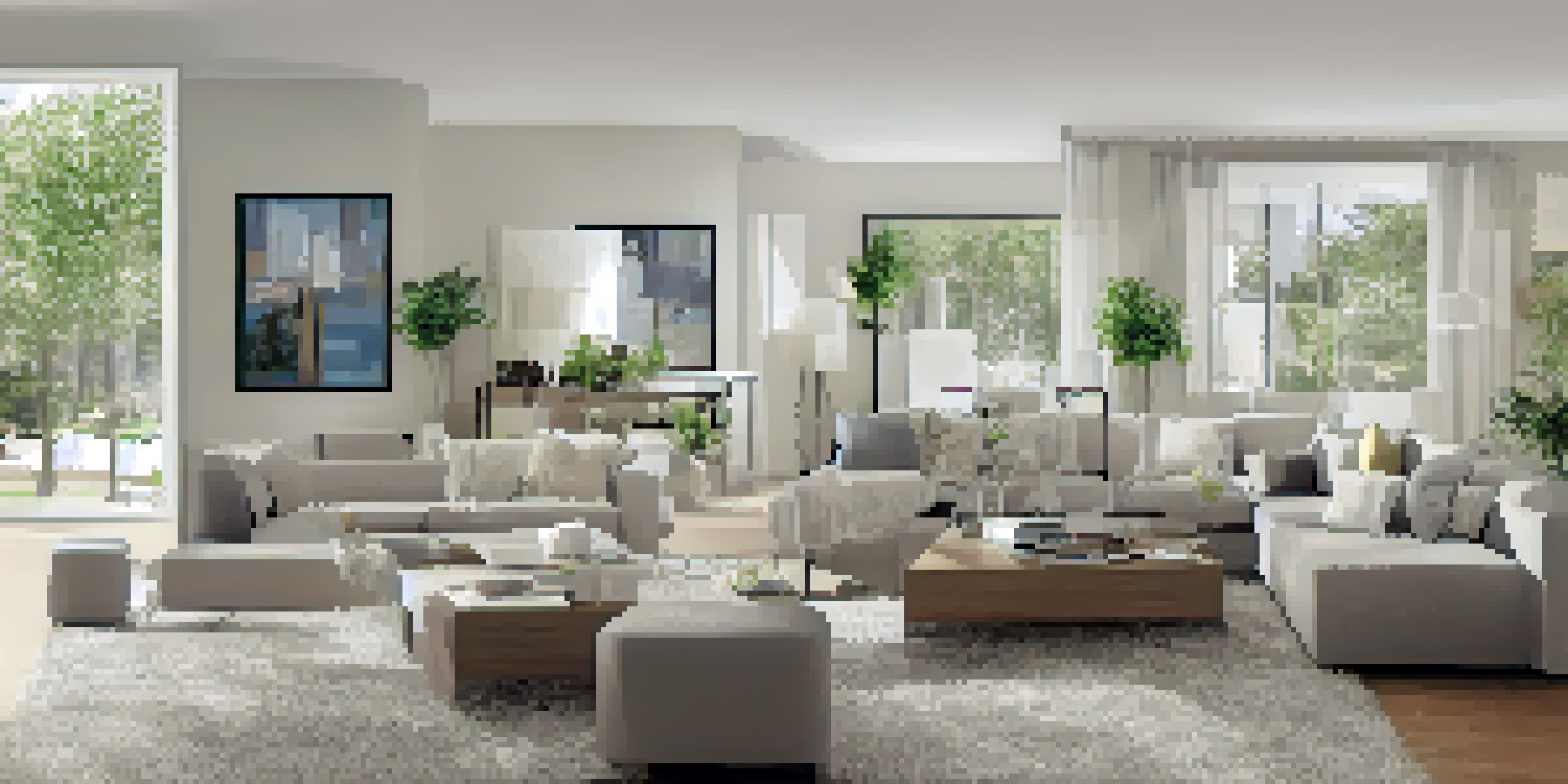 A modern living room demonstrating smart home technology with a thermostat, smart lighting, and security system, filled with sunlight and neutral decor.