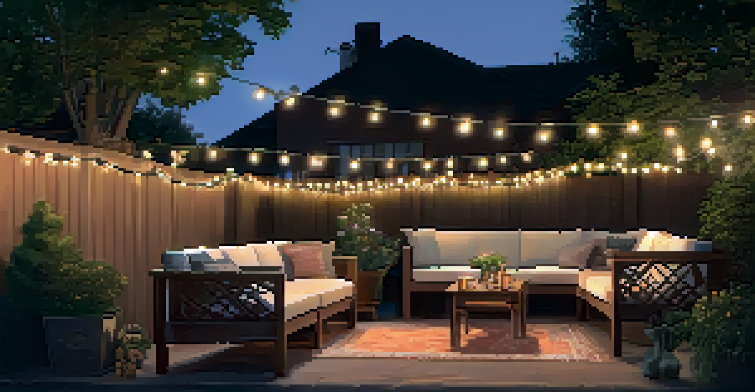An inviting outdoor seating area decorated with warm string lights and surrounded by plants.