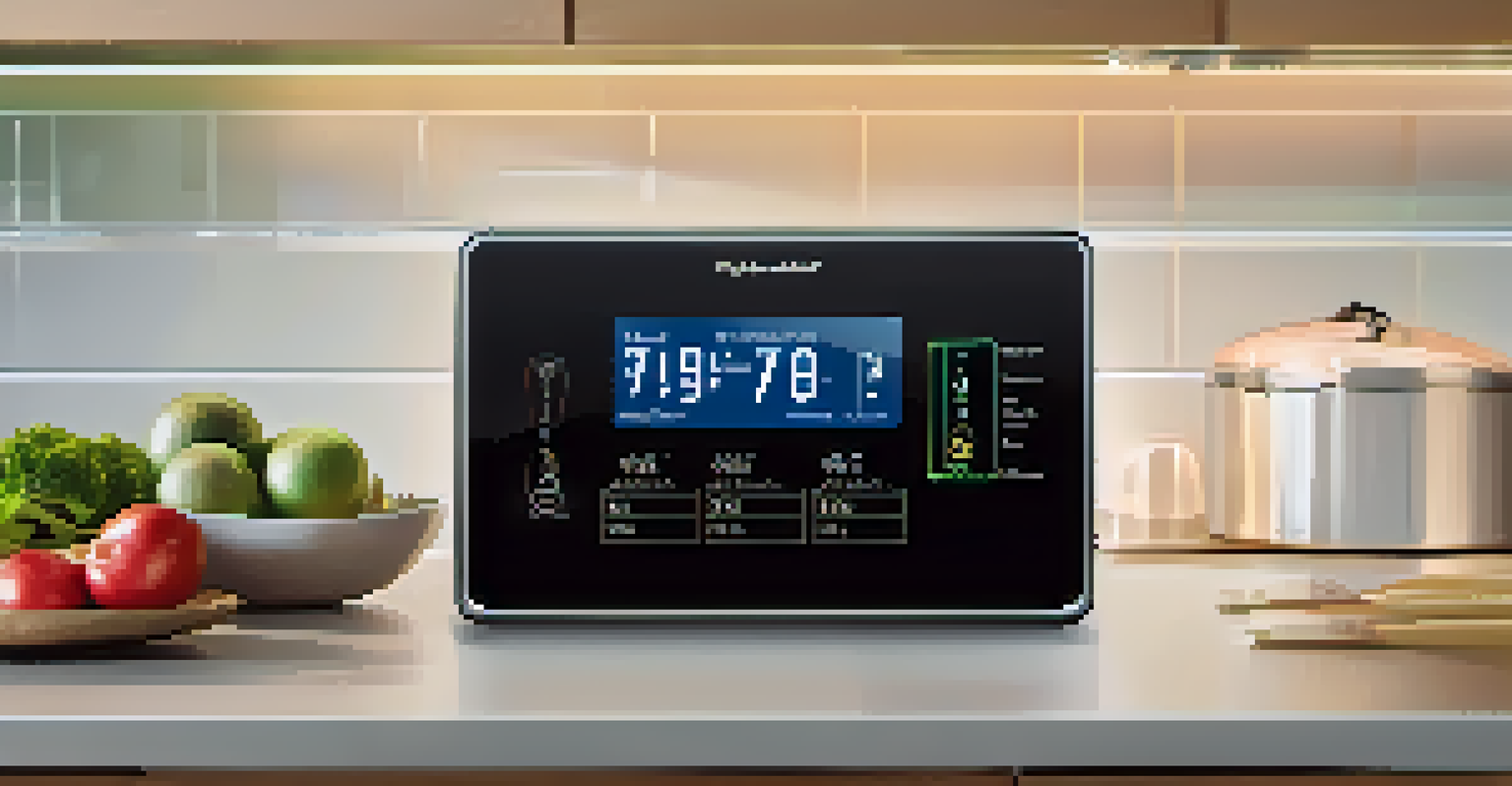 A close-up of a smart energy meter in a modern kitchen with energy-efficient appliances.