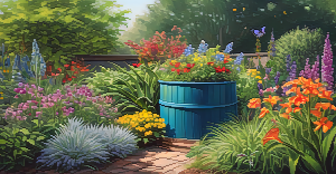 A colorful garden filled with native plants, butterflies, and a rainwater harvesting barrel.