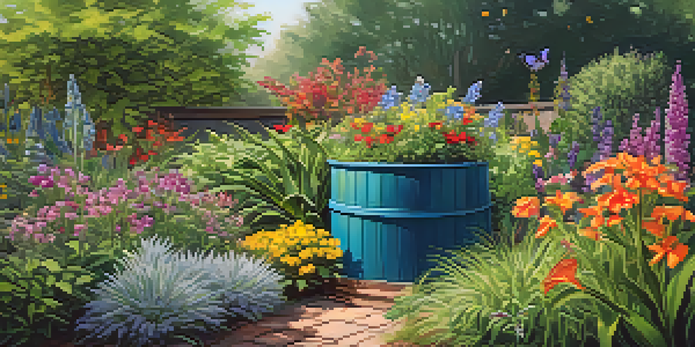A colorful garden filled with native plants, butterflies, and a rainwater harvesting barrel.