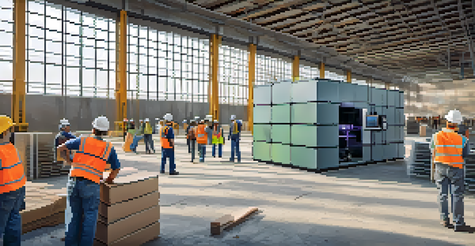 A construction site with a large 3D printer creating a building structure, surrounded by workers and materials.