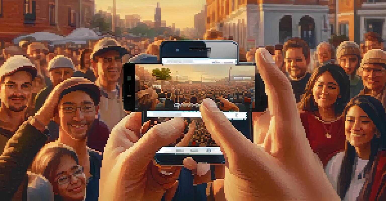 Hands holding a smartphone showing a crowdfunding project for social good, with a community gathering in the background.