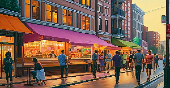 A lively urban street at sunset filled with pedestrians, colorful shops, and a food truck, under a vibrant sky.
