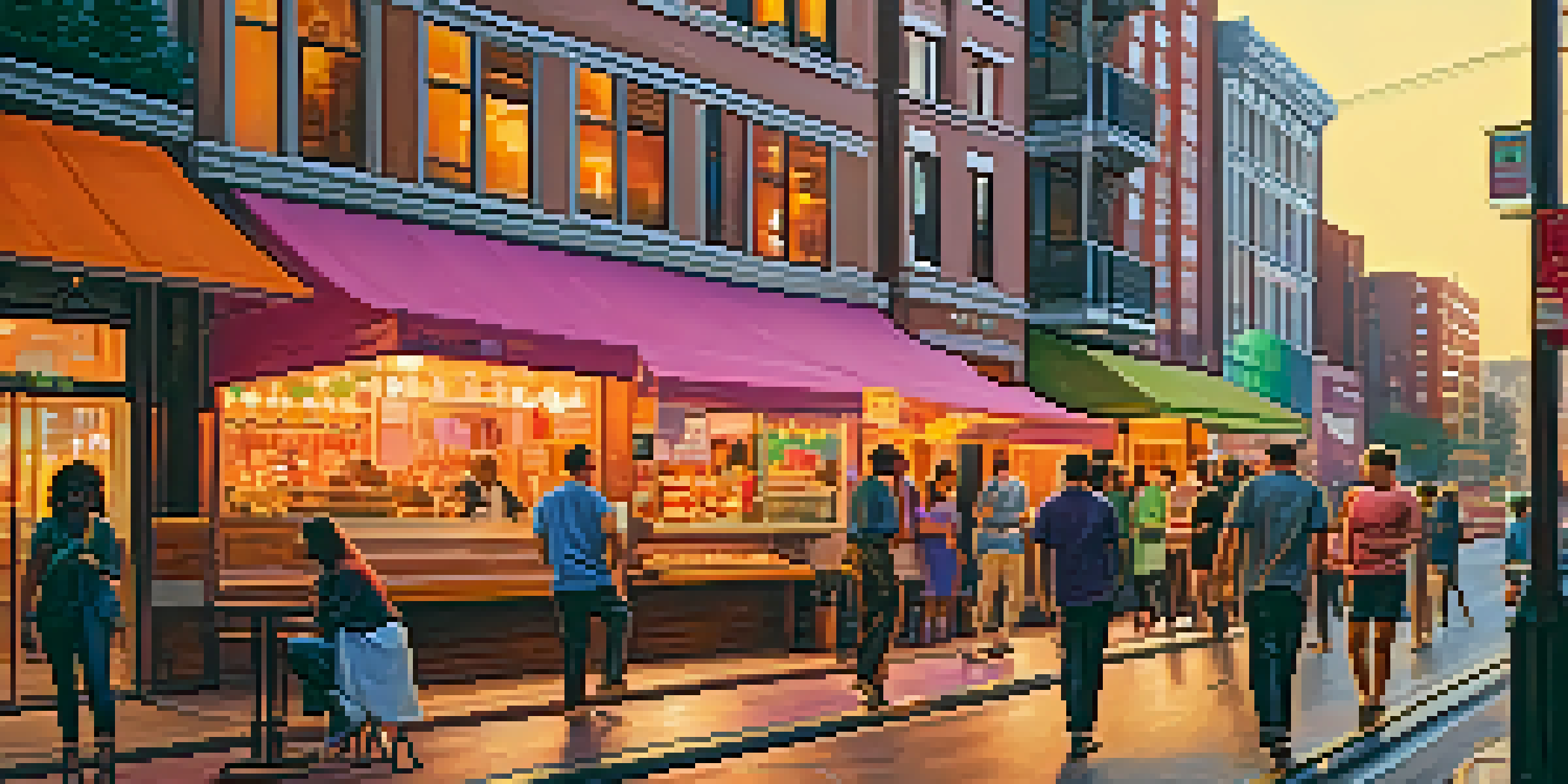 A lively urban street at sunset filled with pedestrians, colorful shops, and a food truck, under a vibrant sky.