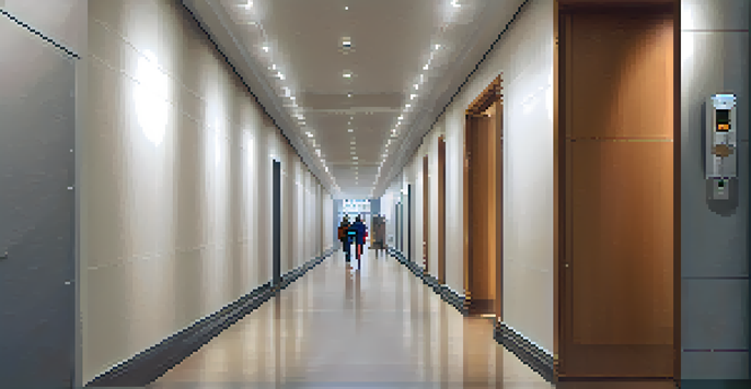 A brightly lit hallway with motion-sensor lights, free of obstacles, featuring handrails for safety.