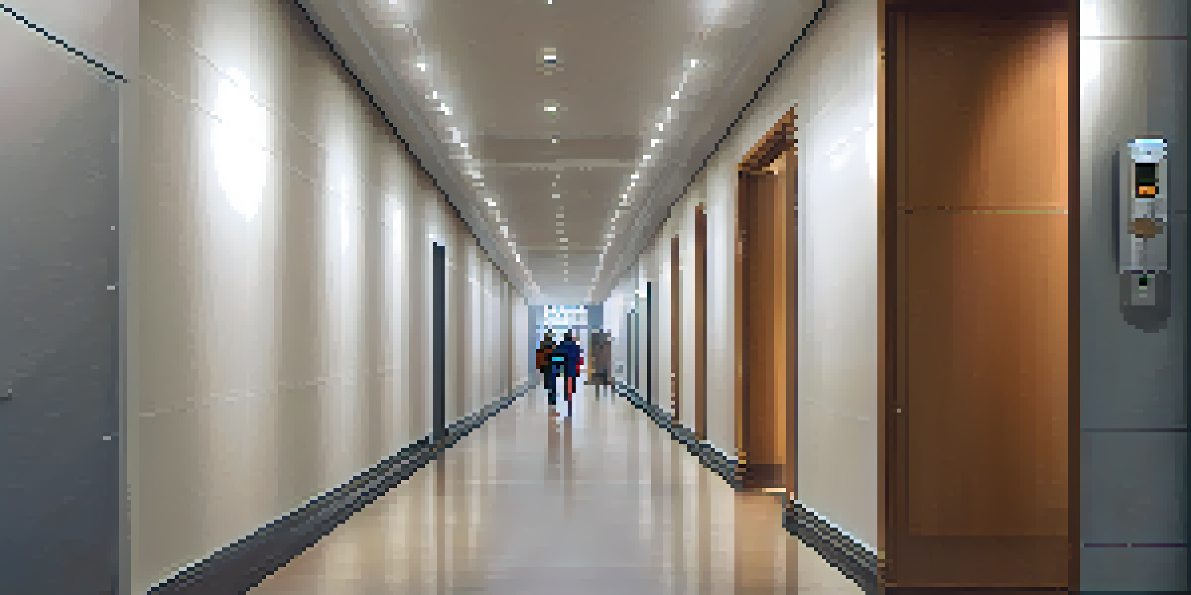A brightly lit hallway with motion-sensor lights, free of obstacles, featuring handrails for safety.