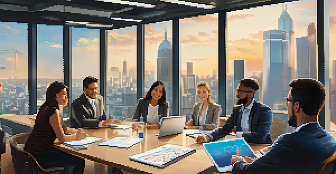 A diverse group of people in a bright conference room discussing real estate crowdfunding with charts on a screen.