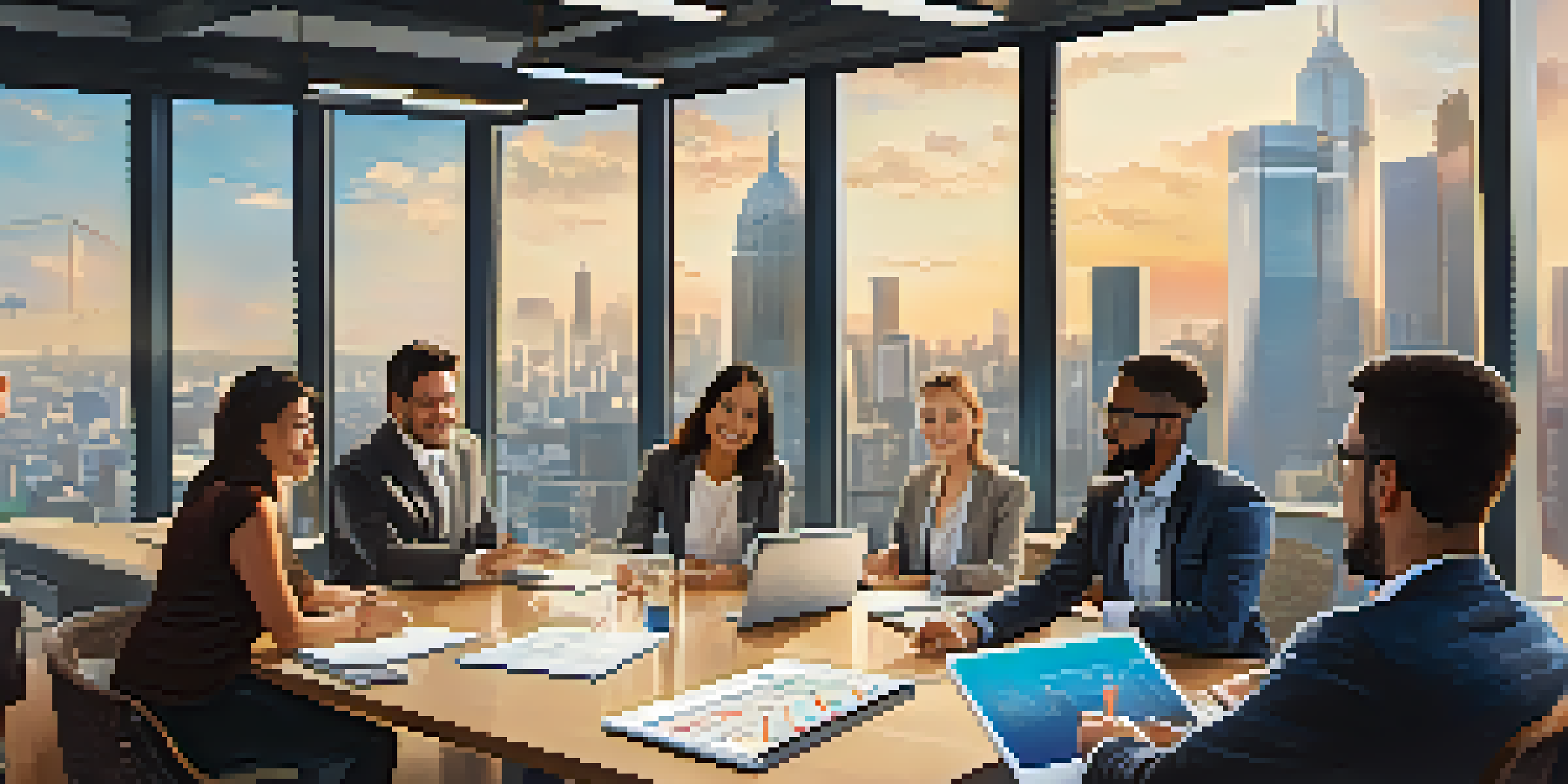 A diverse group of people in a bright conference room discussing real estate crowdfunding with charts on a screen.