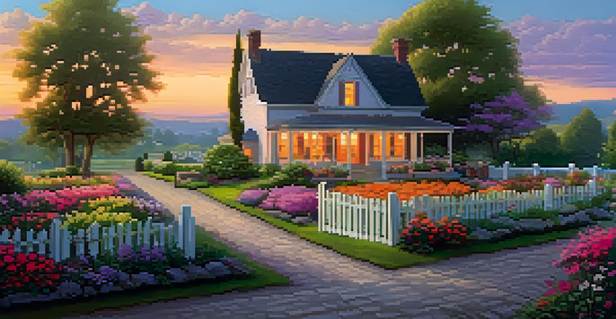 A picturesque rural scene with a farmhouse, colorful sunset sky, and blooming flowers in the garden.