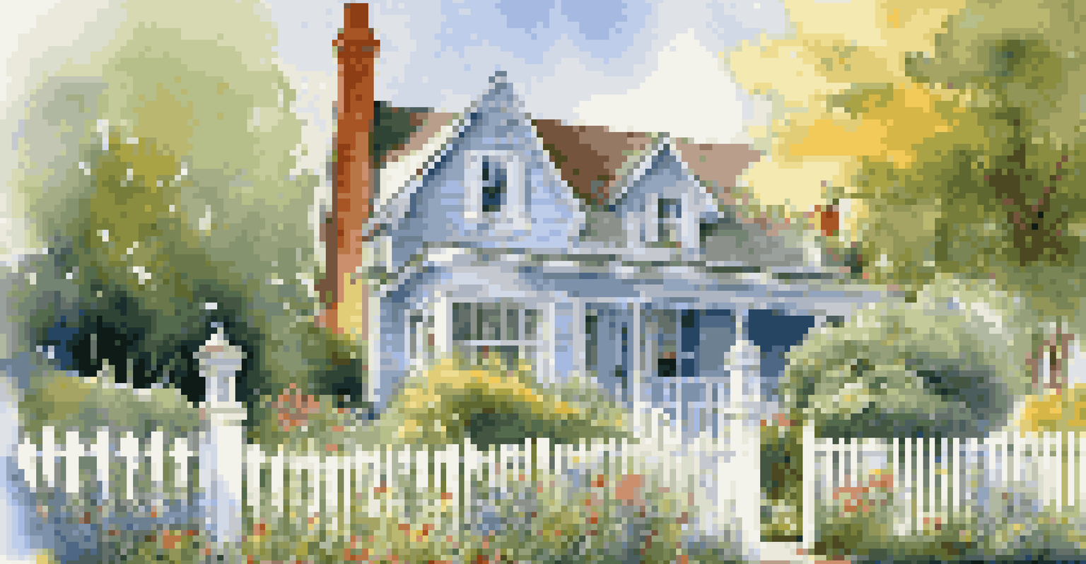 A charming cottage with a 'For Sale' sign in front, surrounded by flowers and a white fence on a sunny day.