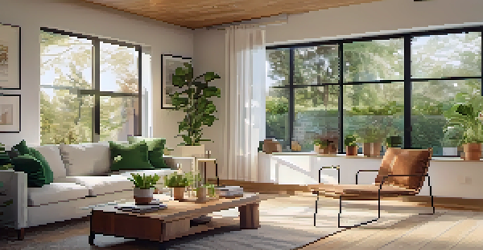 A warm and inviting living room showcasing energy-efficient appliances and natural sunlight, with plants for insulation.