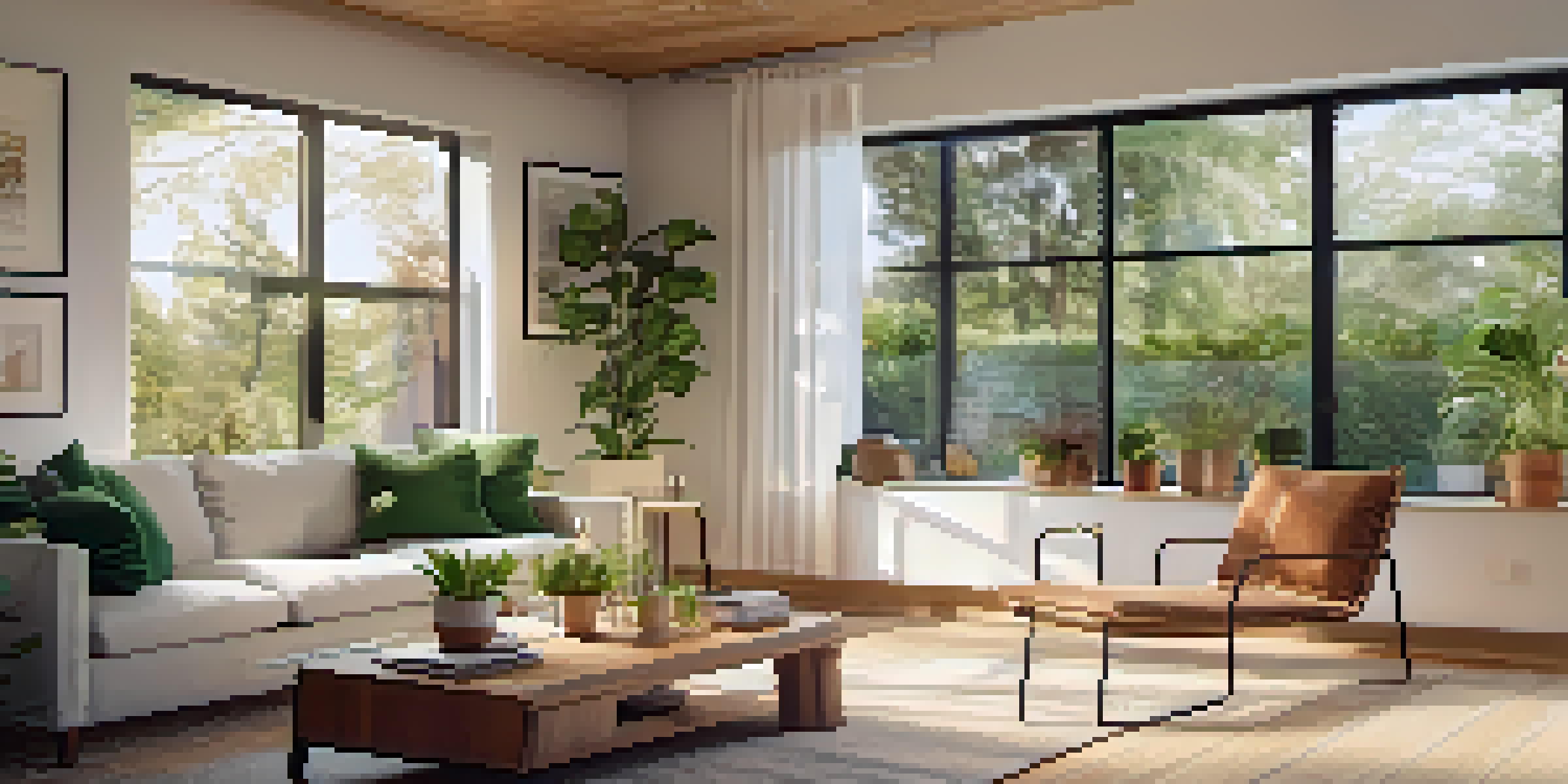 A warm and inviting living room showcasing energy-efficient appliances and natural sunlight, with plants for insulation.