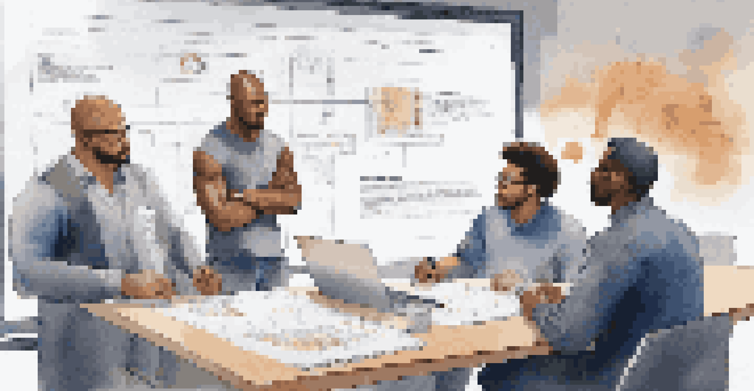 A diverse group of contractors in a meeting, discussing project documents with a digital screen showing a timeline in the background.
