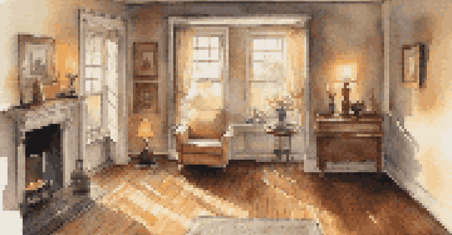 A warm interior of an older home with sunlight illuminating windows and doors, featuring a candle on the windowsill.