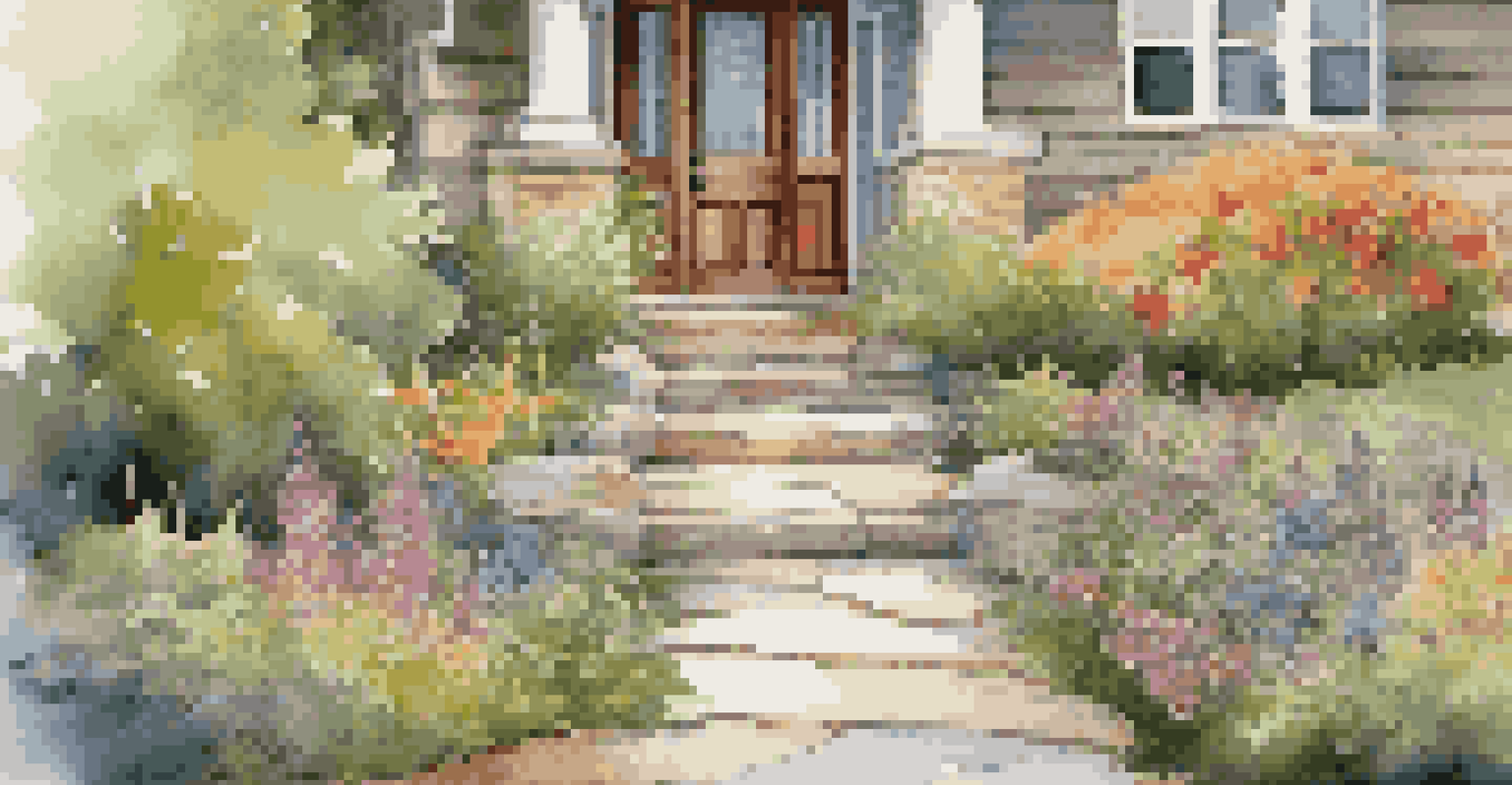 An inviting stone pathway leading to a rustic wooden front door, surrounded by colorful flowers and soft lighting.