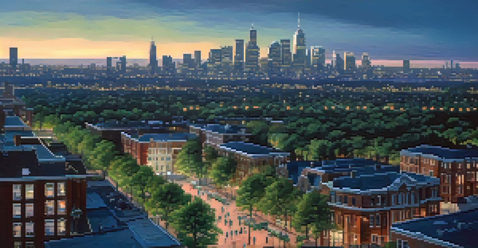 An aerial view of a city skyline at dusk, with twinkling lights and a park filled with people in the foreground.