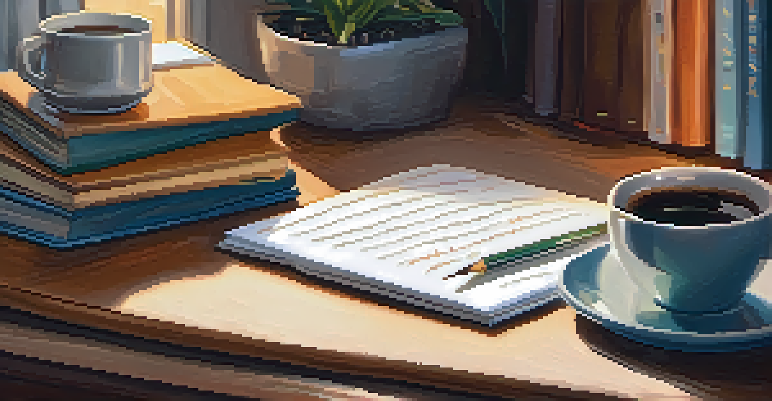 A close-up of a hand writing feedback in a notebook, with a cozy home office setting in the background.