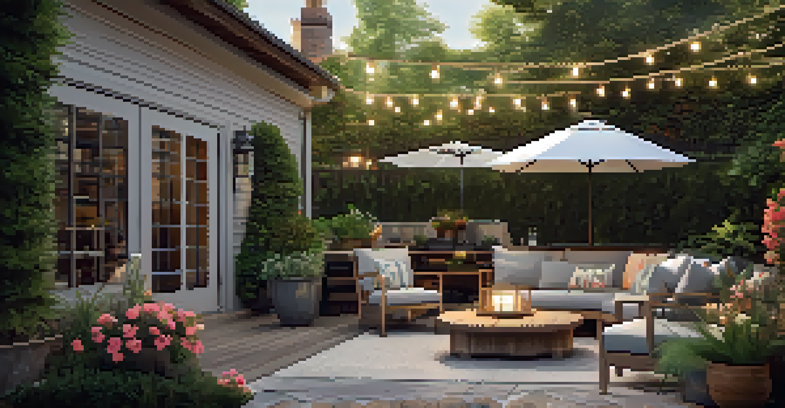 A beautiful outdoor patio with cozy seating, a wooden table, and string lights, surrounded by a lush garden.