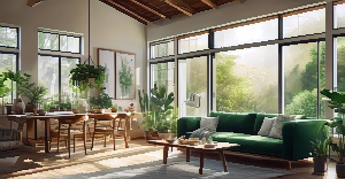 The interior of a sustainable home with natural light, energy-efficient appliances, and indoor plants.