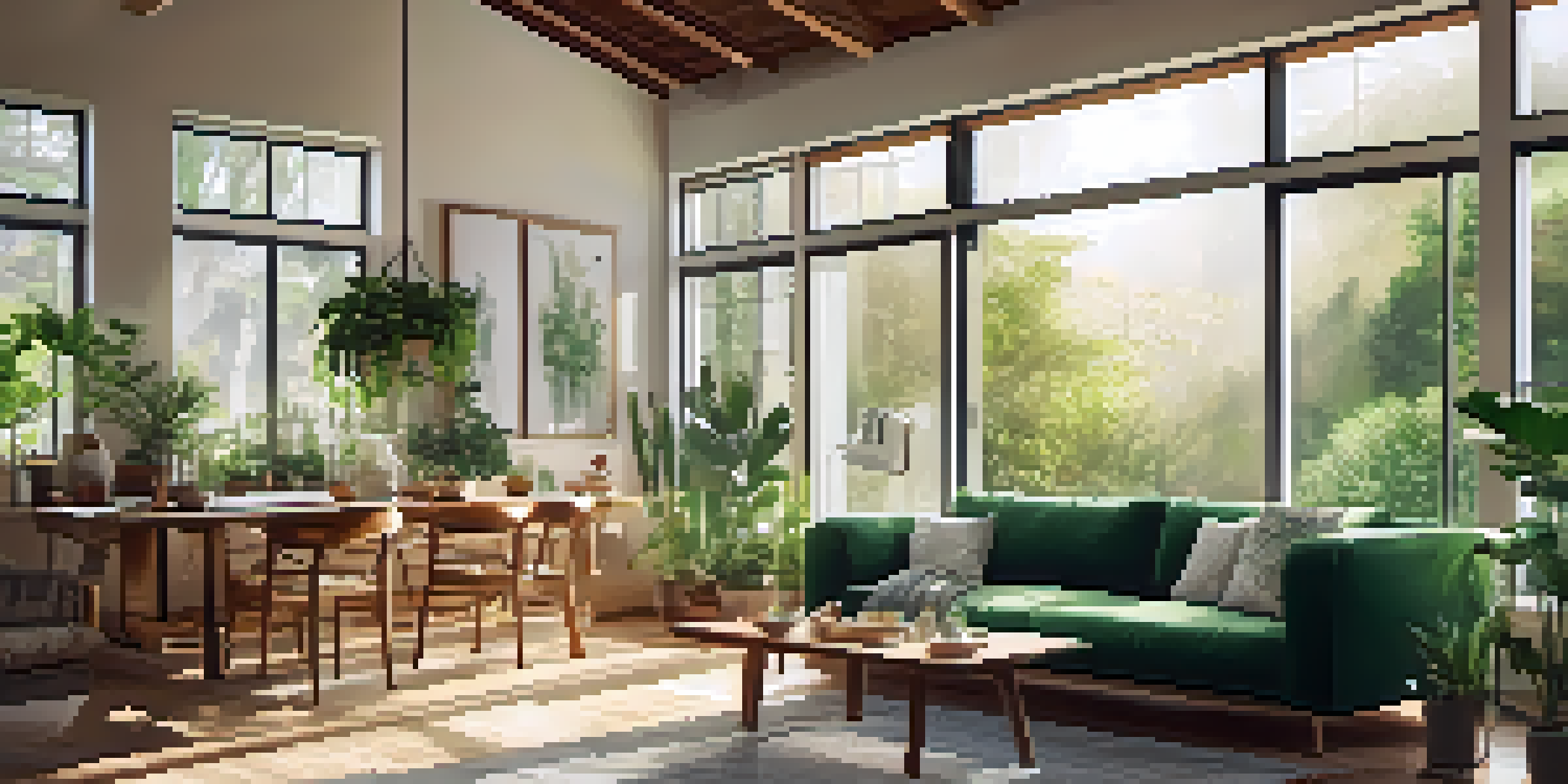 The interior of a sustainable home with natural light, energy-efficient appliances, and indoor plants.
