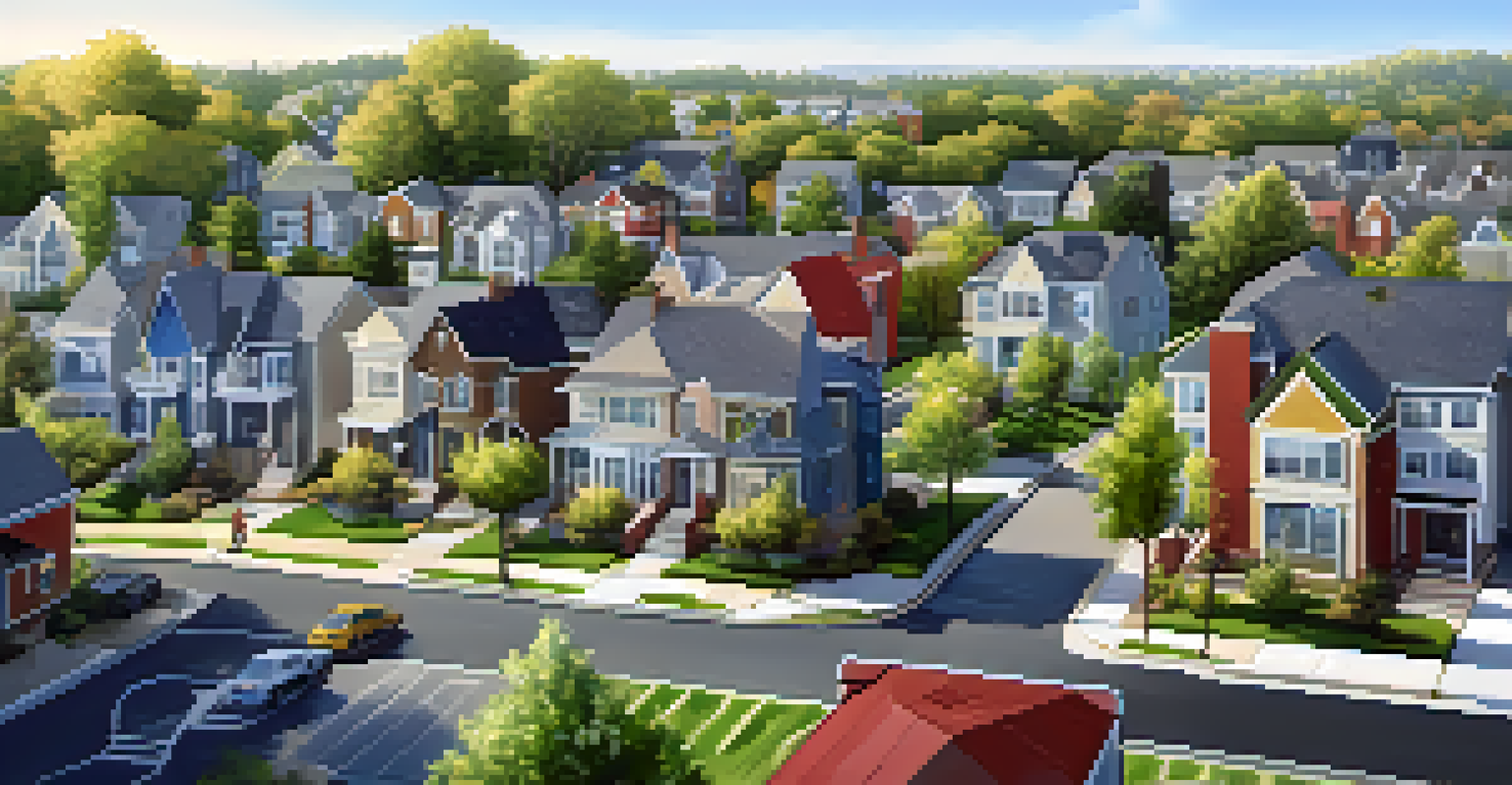 An aerial view of a lively neighborhood with a mix of houses, businesses, and parks under a sunny sky.