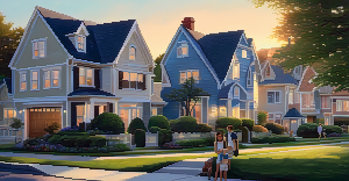 A peaceful suburban neighborhood with diverse houses, lush gardens, and a family enjoying their evening outside during sunset.