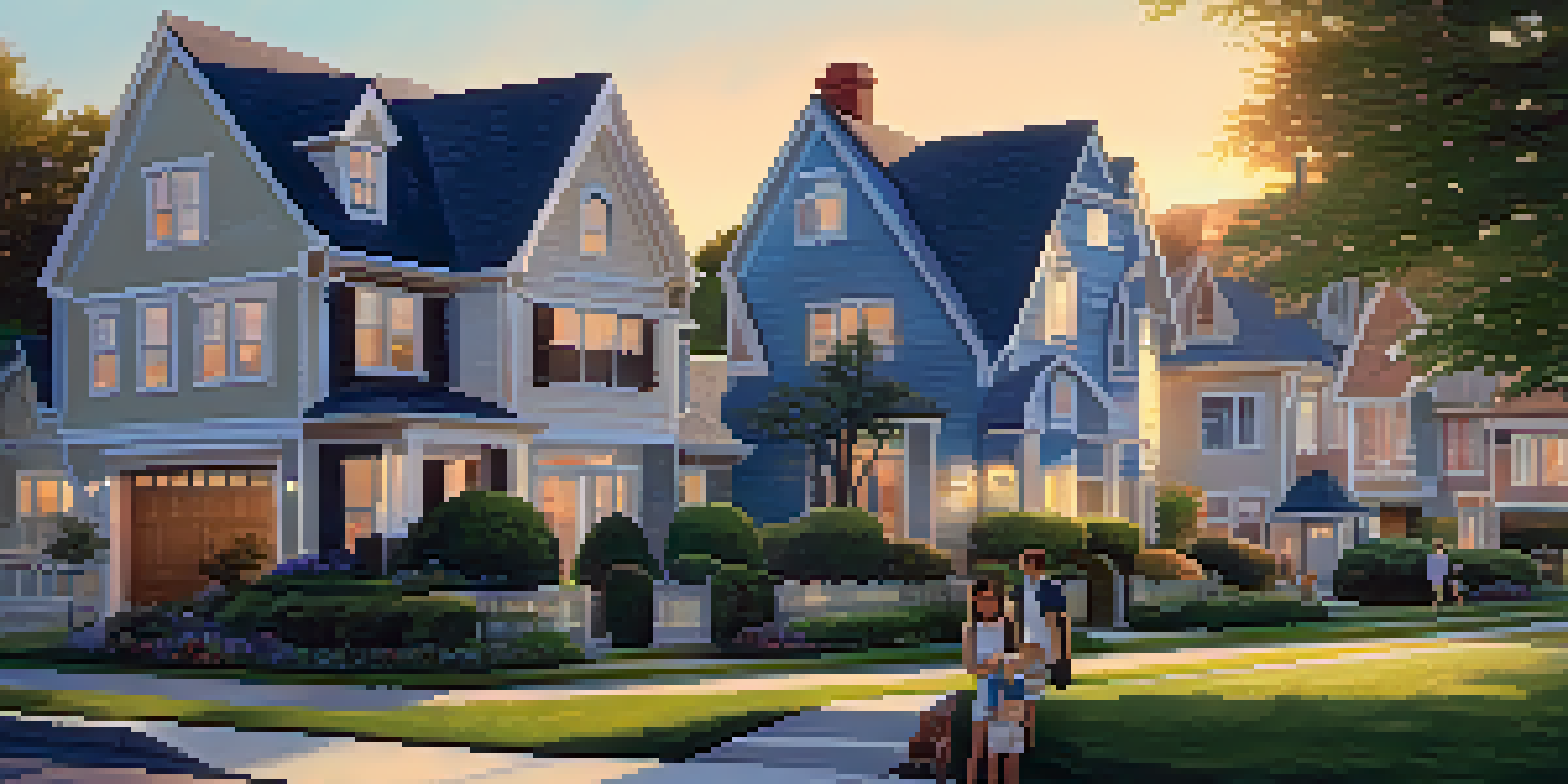 A peaceful suburban neighborhood with diverse houses, lush gardens, and a family enjoying their evening outside during sunset.