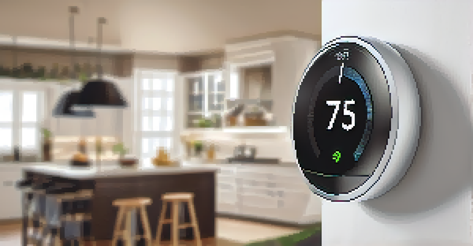 A close-up of a smart thermostat showing energy usage statistics in a modern kitchen.