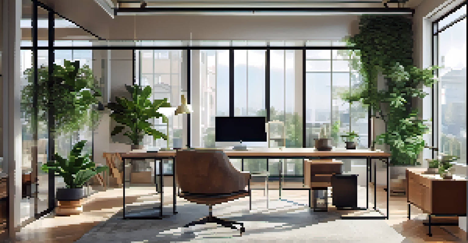 A chic office interior with large windows letting in natural light, modern furniture, plants, and artwork, designed for remote work.