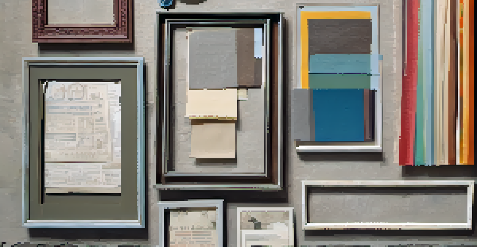 A rustic wall displaying vintage frames filled with colorful fabric swatches and art, illuminated by soft natural light.