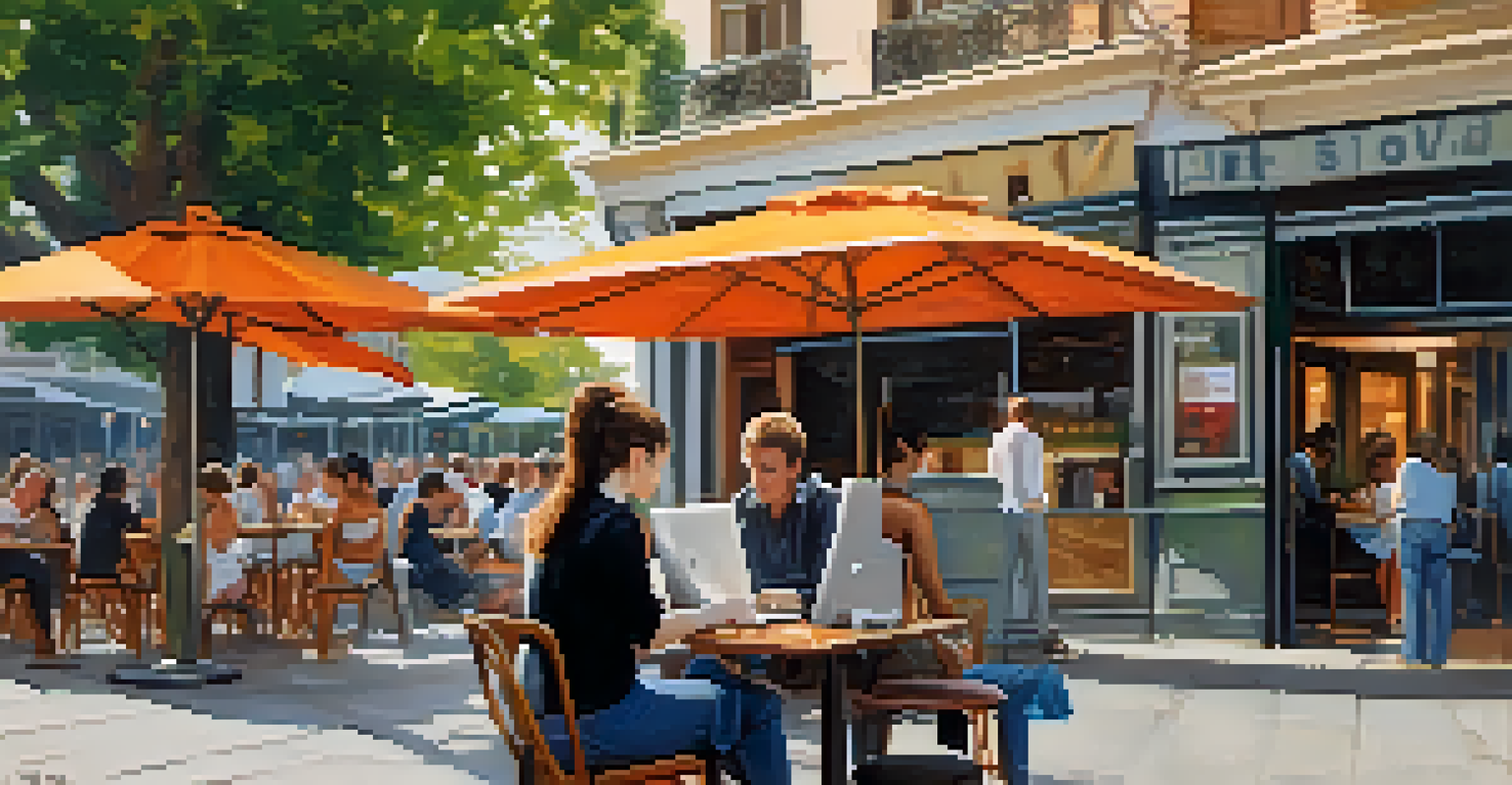 A person using a laptop at an outdoor café, showing caution while accessing public Wi-Fi.
