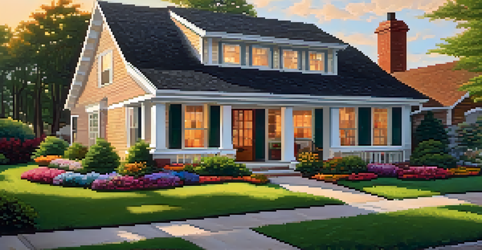 A beautiful suburban house with a well-kept roof, surrounded by greenery and flowers, under a warm sunset.