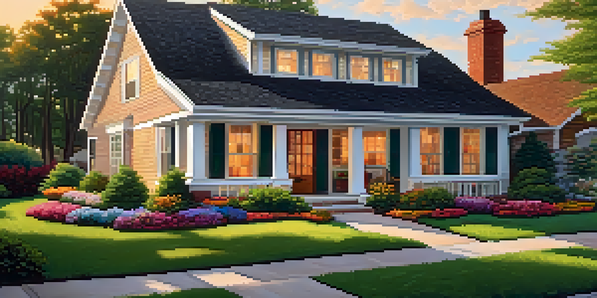 A beautiful suburban house with a well-kept roof, surrounded by greenery and flowers, under a warm sunset.