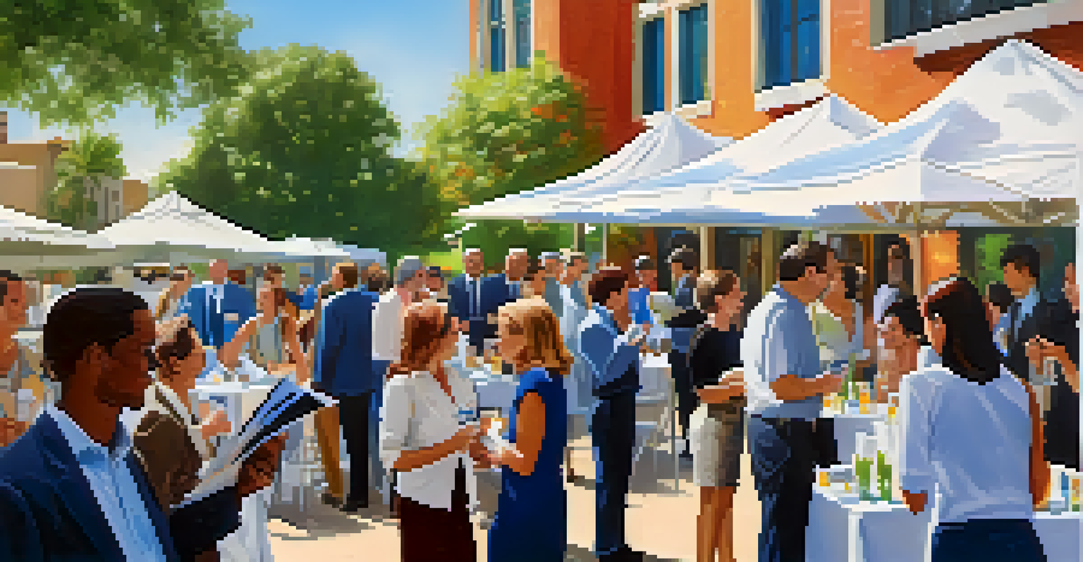 A lively outdoor networking event with diverse real estate professionals interacting and exchanging business cards.