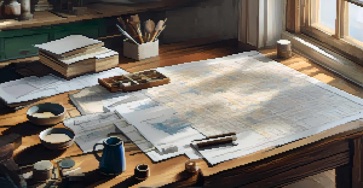 A detailed renovation plan with sketches and material samples on a vintage wooden table illuminated by natural light.