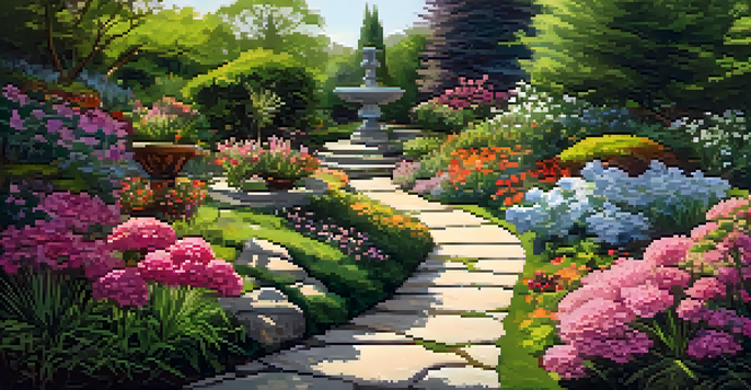 A winding stone pathway in a colorful garden surrounded by blooming flowers and greenery.