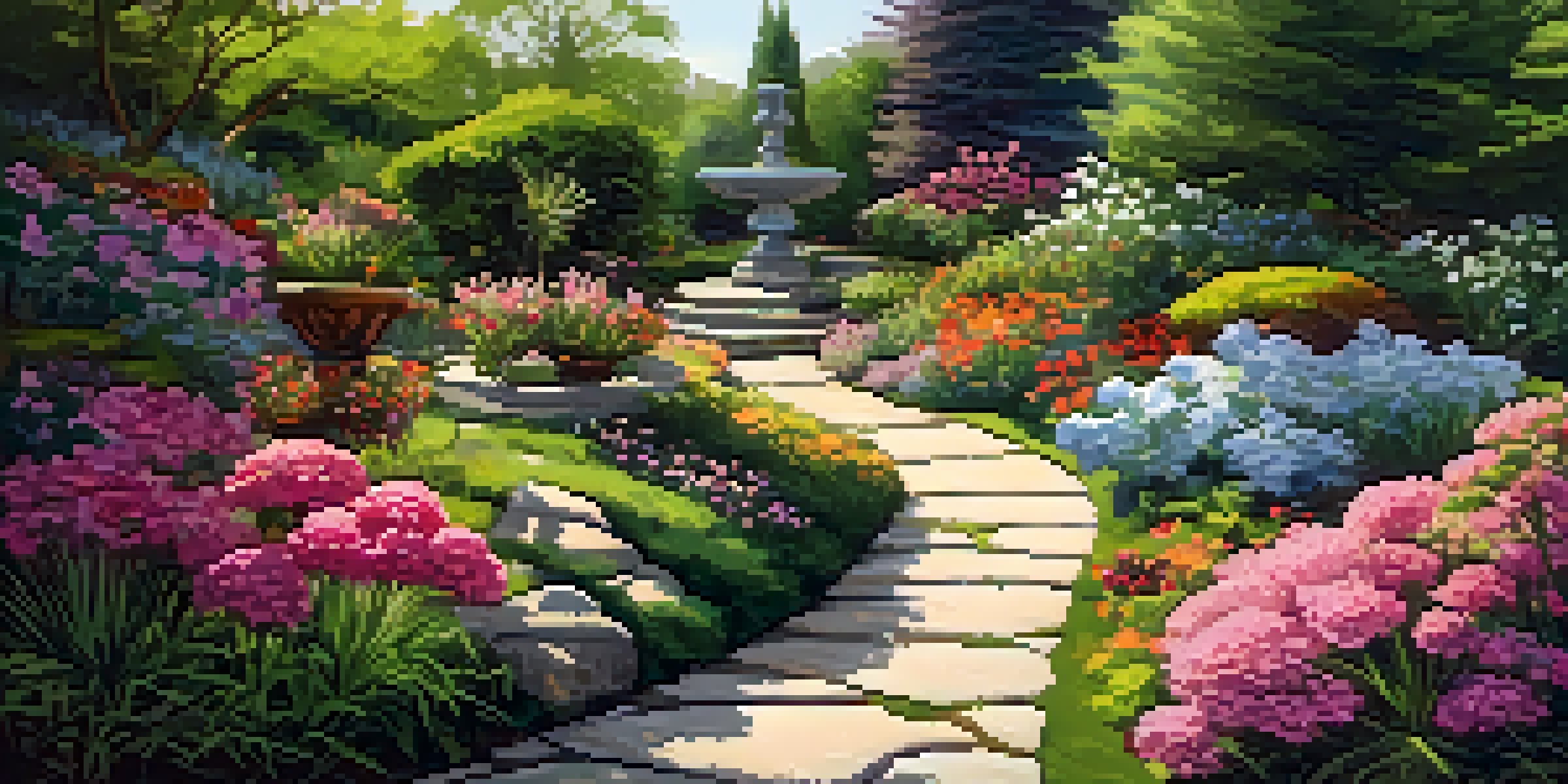 A winding stone pathway in a colorful garden surrounded by blooming flowers and greenery.