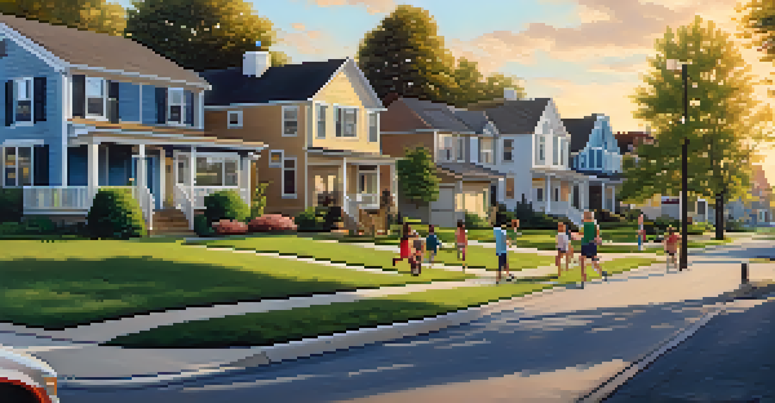 A lively suburban neighborhood with families and children playing during sunset.