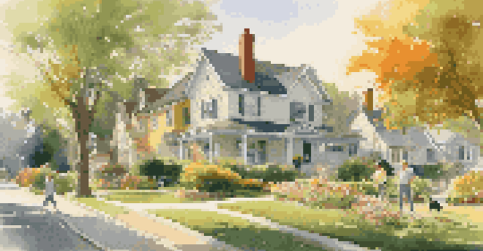 A peaceful suburban neighborhood in the morning with families discussing property assessments and a dog playing.