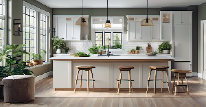 A spacious, modern kitchen with an island and bar stools, bright natural light, and a stylish design.