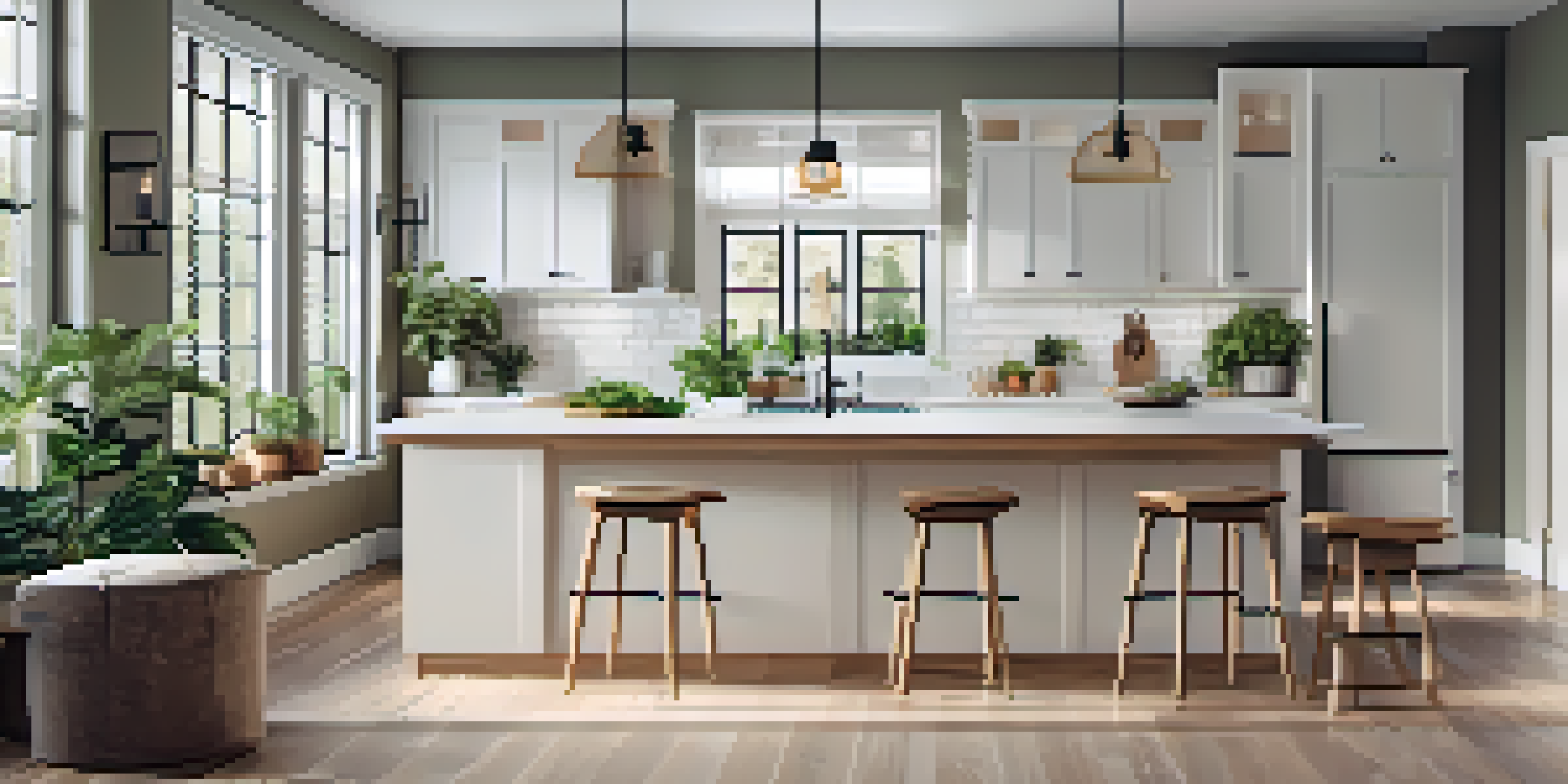A spacious, modern kitchen with an island and bar stools, bright natural light, and a stylish design.