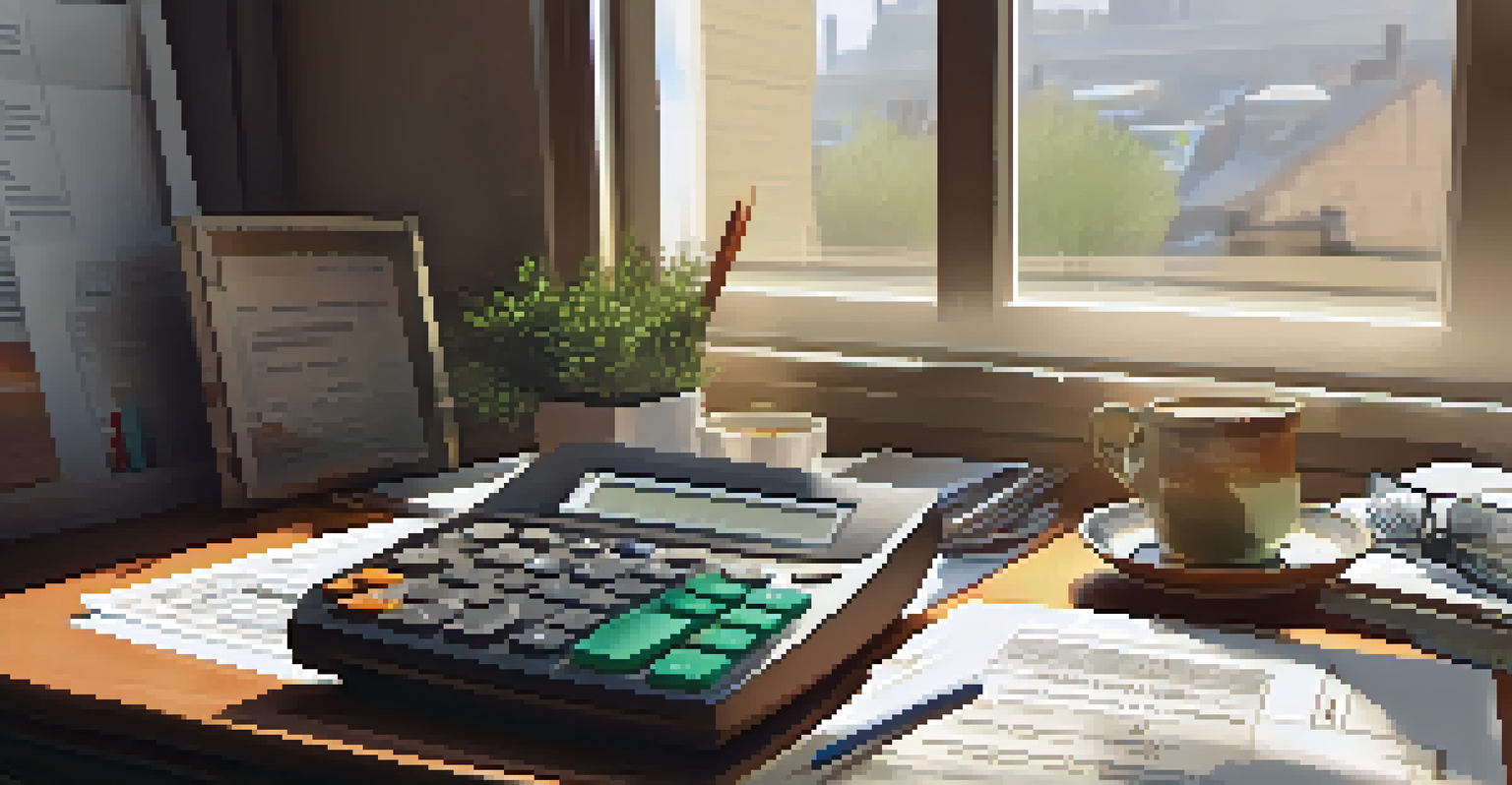 A desk with tax documents, a laptop, and a cup of coffee, depicting a property tax consultant's workspace.