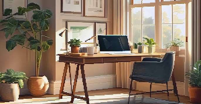 A cozy home office with a wooden desk, laptop, and tax documents, illuminated by soft sunlight.
