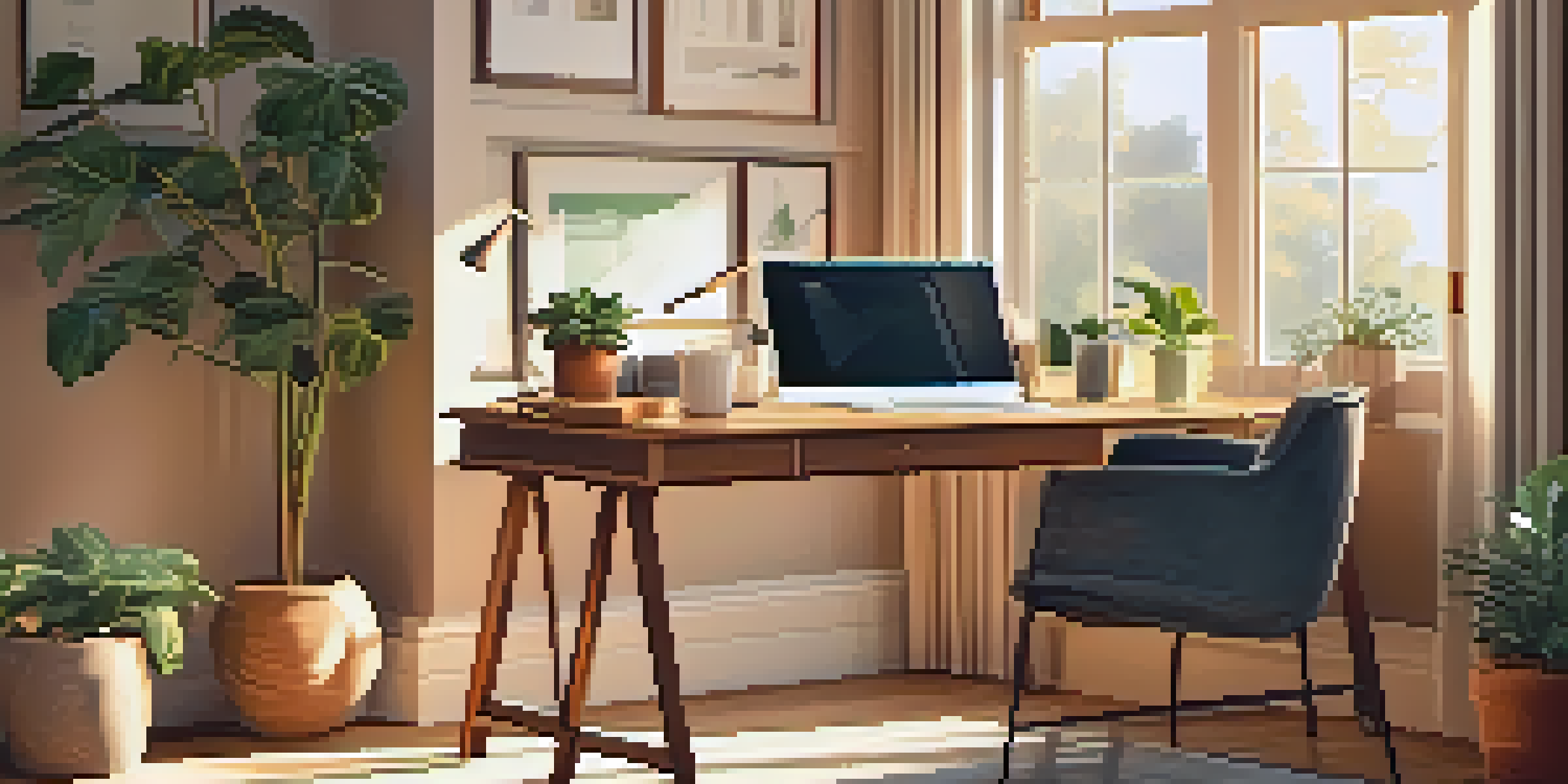 A cozy home office with a wooden desk, laptop, and tax documents, illuminated by soft sunlight.